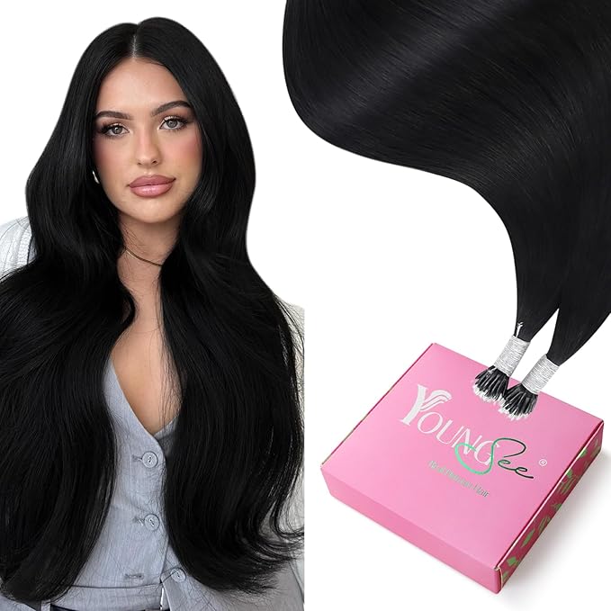YoungSee Nano Beads Hair Extensions Human Hair Black Nano Ring Hair Extensions Jet Black Nano-Tip Hair Extension Pre Bonded Nano-Loop Human Hair Extension 22inch 1g Nanolink Hair Extension 1g/s 50g