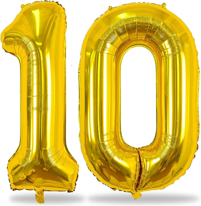 Gold 10th Birthday Balloons for Boys Girls, 40 Inch Big Gold Foil Number 1 and by Lingqiang