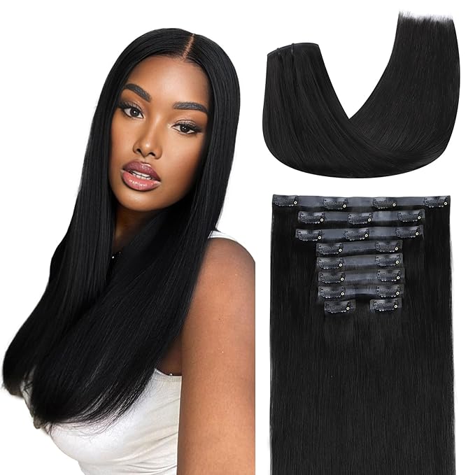 Lashey Seamless Clip in Hair Extensions Human Hair 130g 9pcs #1 Jet Black Straight 18 Inch Clip in Hair Extensions with PU Soft Invisi Edge