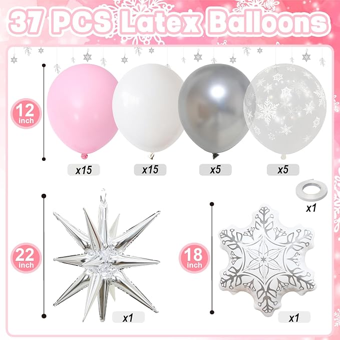 Pink Winter Wonderland Christmas Balloons, 18 Inch White Snowflake Balloon - Image 2