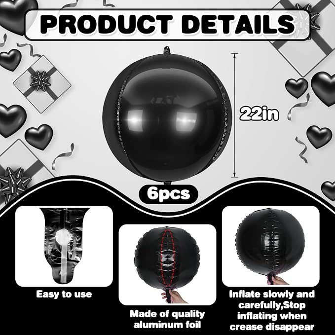 6Pcs Black Round Foil Balloons, Giant 4D Round Ball Balloons, 22 Inch Metallic - Image 2