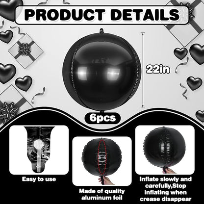 6Pcs Black Round Foil Balloons, Giant 4D Round Ball Balloons, 22 Inch Metallic - Image 2