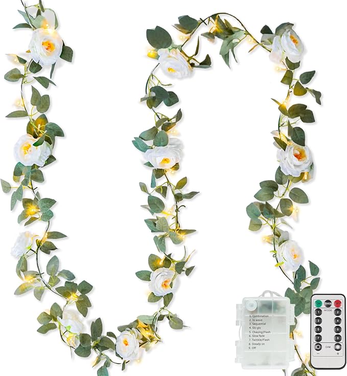 60LED Garland with White Camellia Lights Battery Operated Clear Wire | Vines by SUDDUS