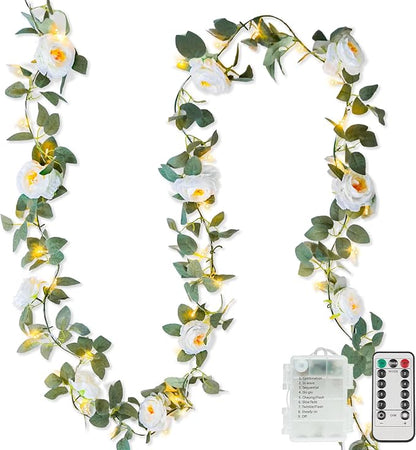 60LED Garland with White Camellia Lights Battery Operated Clear Wire | Vines by SUDDUS