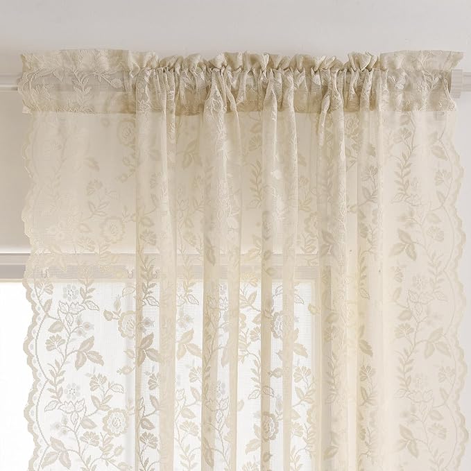 FINECITY Beige Lace Curtains for Bedroom Rustic Floral 52x63 Inch, 2 Panels | - Image 3