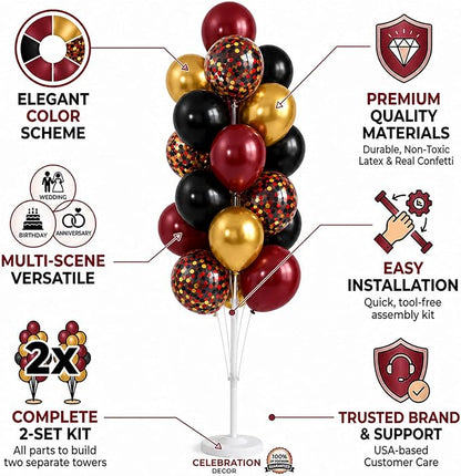 Hiins Balloon Column Kit Set of 2, Burgundy Black Gold Birthday Party Decor | - Image 3