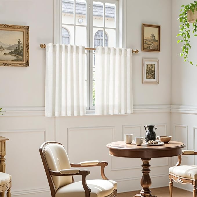 24 Inch Linen Curtains for Kitchen Beige White Small Window Semi Sheer Curtains - Image 6
