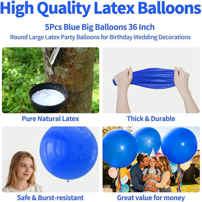 5Pcs Blue Big Balloons 36 Inch, Round Large Latex Party Balloons - Image 2