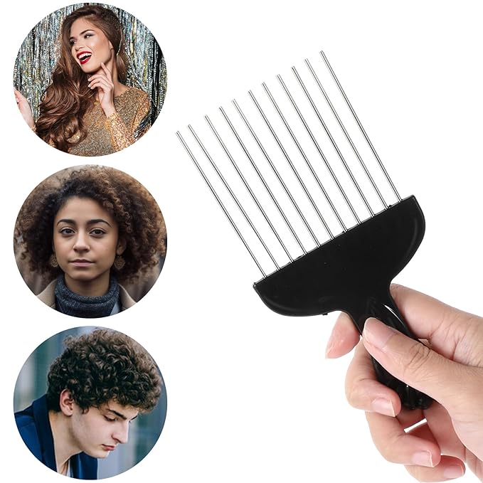 3pcs Hair Pick for Curly Hair, Stainless Steel Wide Tooth Detangling Comb Metal Afro Pick Comb with PP Handle for Curly Haircomb, Braids, Wigs Black