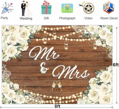 Mr and Mrs Wedding Backdrop for Engagement Party White Floral Rustic Wood - Image 6