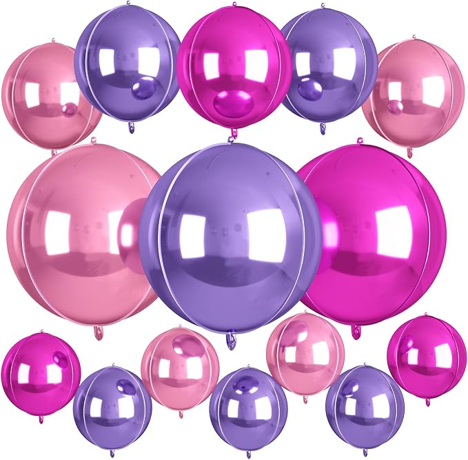 15 Pcs Pink and Purple Round Foil Balloons, 22/15/10 Inch 4D Ball Balloons Hot by Sowide