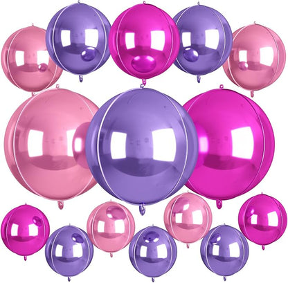 15 Pcs Pink and Purple Round Foil Balloons, 22/15/10 Inch 4D Ball Balloons Hot by Sowide