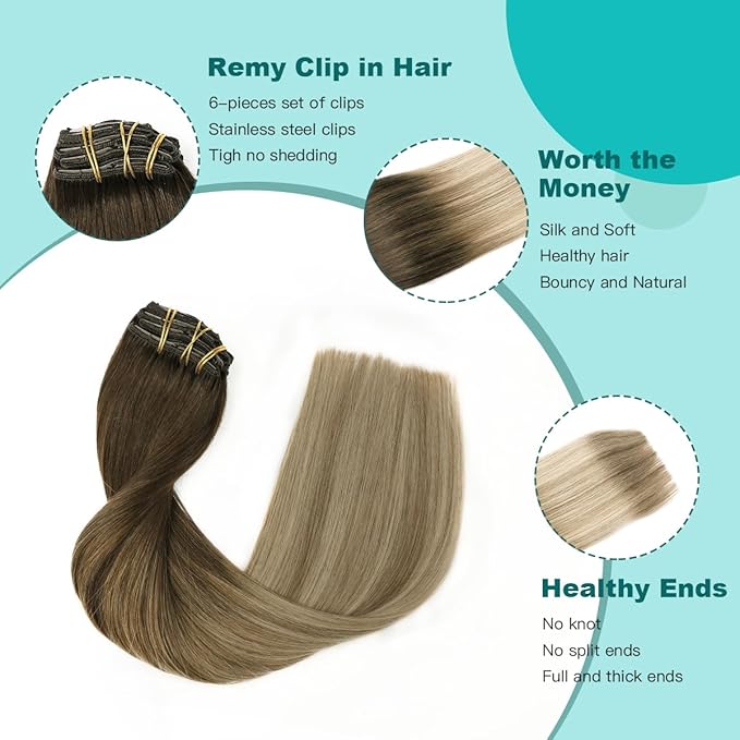 SURNEL Clip in Hair Extensions Balayage Dark Brown to Dirty Blonde Clip in Extensions Human Hair 20inch 6pcs 120g(#2/6/18,20'')