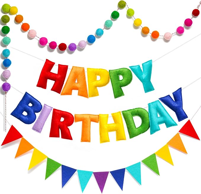 3 Pcs Pre-Strung Happy Birthday Banner, Felt Ball Garland, Pennant Triangle - Image 2