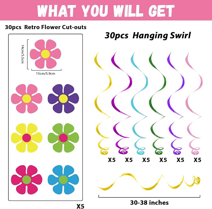 60s Hippie Party Foil Swirl Decorations Retro Flower Ceiling Hanging Swirls - Image 3