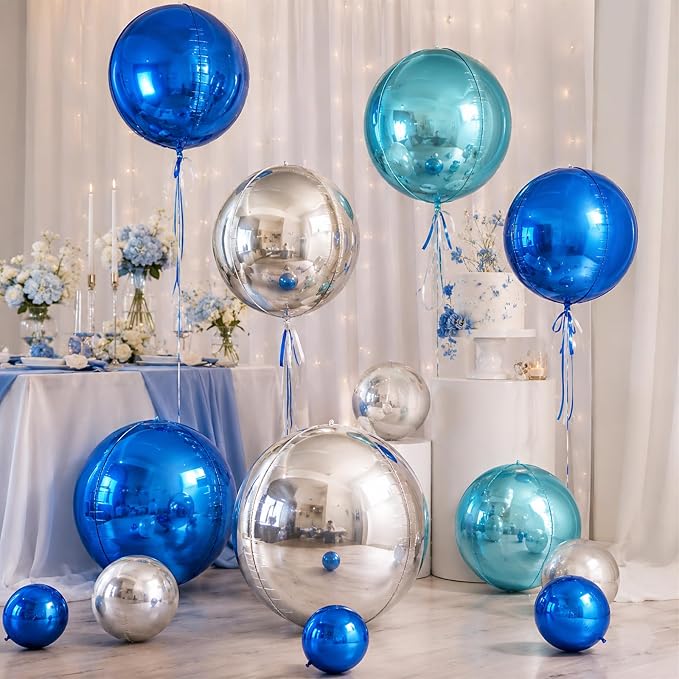 15 Pcs Blue and Silver Round Foil Balloons, 22/15/10 Inch 4D Ball Balloons Blue - Image 7