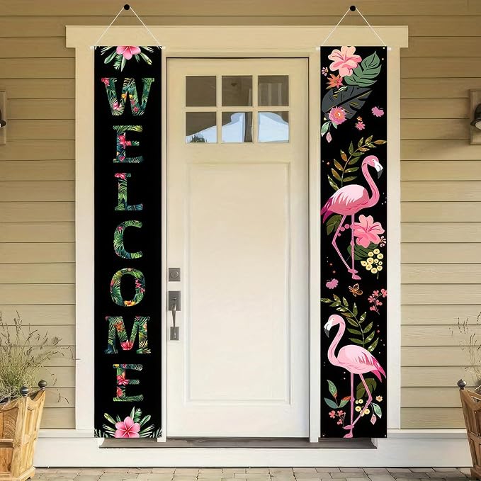 BlissYard 2pcs Black Pink Summer Door Banner Hawaiian Flamingo Porch Banners - Image 3