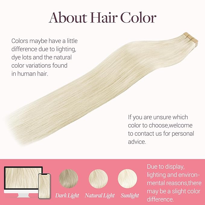 GOO GOO Tape in Hair Extensions Human Hair, 60A Platinum Blonde, 14inch 50g 20pcs, Skin Weft Seamless Invisible, Silky Straight with Thick Ends, Remy Human Hair
