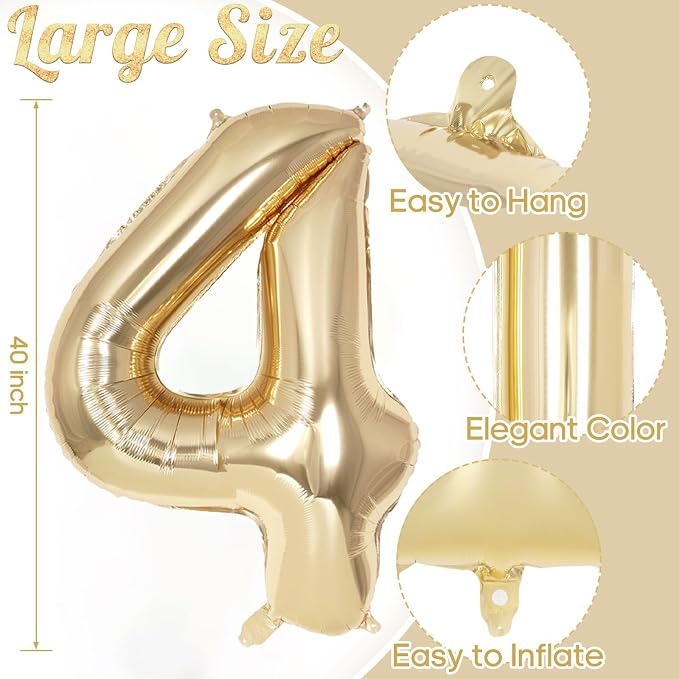 Champagne Gold Large Number 4 Balloon, 40 Inch Light Gold Foil Helium Number - Image 3