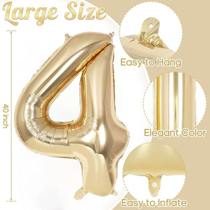 Champagne Gold Large Number 4 Balloon, 40 Inch Light Gold Foil Helium Number - Image 3