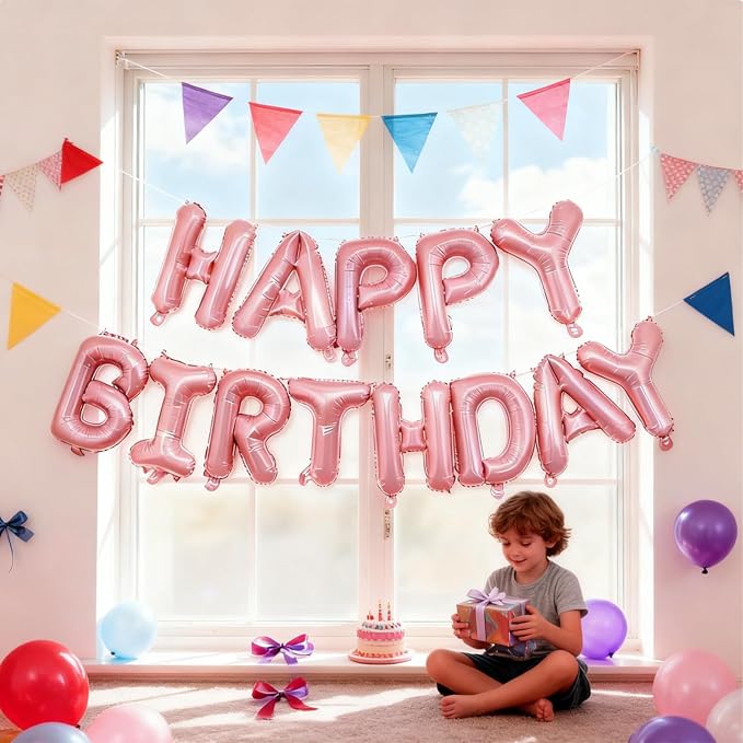 Pink Happy Birthday Balloon Banner Set -16 Inch Foil Letters Balloons, Reusable - Image 7