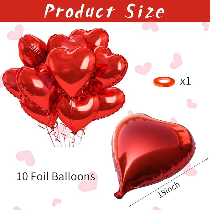 Biapian Foil Heart Balloons Red, Valentines Balloons 18inch Red Foil Balloons - Image 2