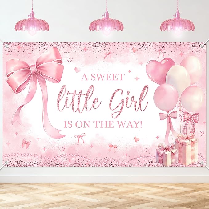 Pink Bow Baby Shower Banner Girl Baby Shower Party Decorations A Sweet Little by AVEZANO