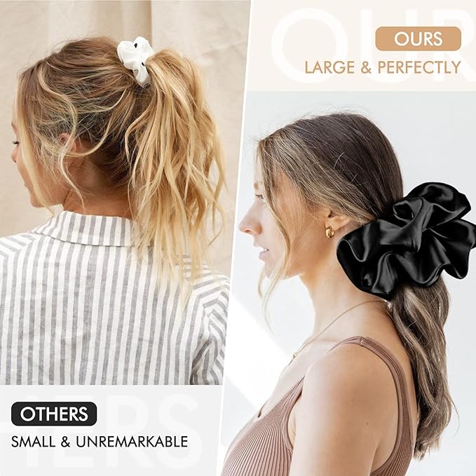 9.5 inch Silk Scrunchies Oversized Scrunchie Jumbo Scrunchies Giant Silk Scrunchie Extra Large Satin Thick Elastic Fluffy Hair Ties for Women and Girls 3 Pack (Black)