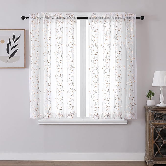 White Sheer Curtains Orange Leaf Embroidery Linen 96 Inches Long | Light by VISIONTEX