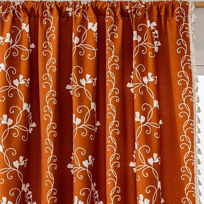 F-CHU Burnt Orange Floral Curtains Bohemian Drapes 72 Inch Length Cotton Linen - Image 4