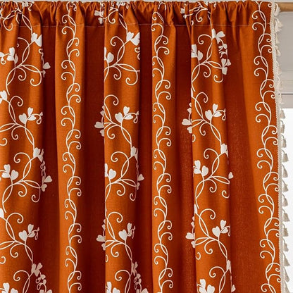 F-CHU Burnt Orange Floral Curtains Bohemian Drapes 72 Inch Length Cotton Linen - Image 4