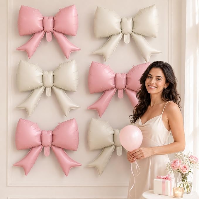 8Pcs Pink White Bow Foil Balloons, 21Inch Pink and White Bow Shaped Balloons - Image 5
