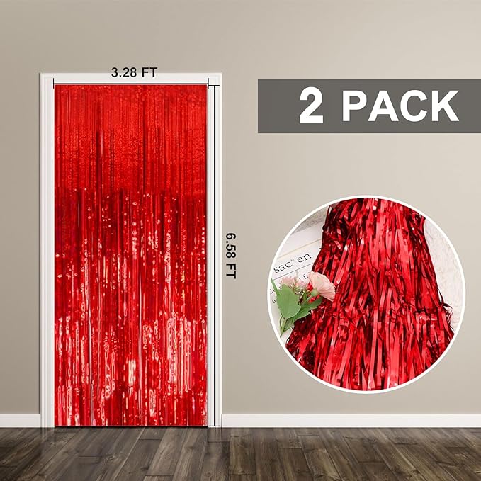 2 Pack Foil Curtain Backdrop Red Metallic Tinsel Foil Fringe Curtains Photo - Image 7