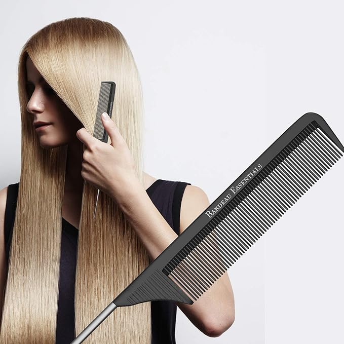 Professional 8.8 Inch Tail Comb (5 Pack) - Black Carbon Fiber and Stainless Steel Pintail - Anti Static and Heat Resistant Teasing Comb - Lightweight for All Hair Types