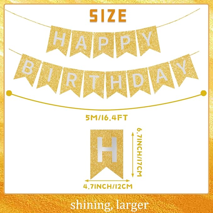 Gold Happy Birthday Banner - 16 ft Pre-Strung Gold Birthday Party Decorations - Image 4