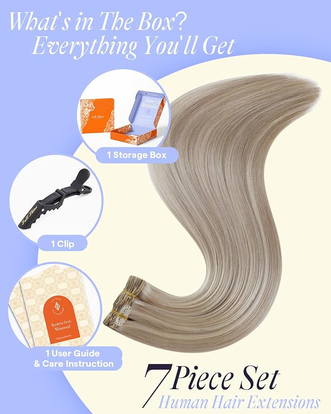 Full Shine Clip in Hair Extensions Real Human Hair 150 G Ash Blonde Highlighted Bleach Blonde Remy Human Hair Extensions Clip ins for Women Natural Human Hair 20 Inch 7 Pcs
