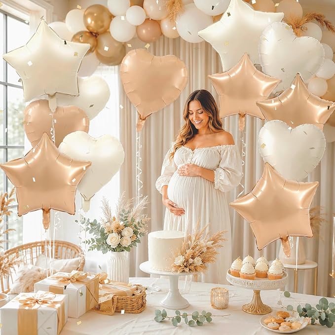 TONIFUL 18 Inch Cream Caramel Star and Heart Foil Balloons - Image 6