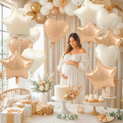 TONIFUL 18 Inch Cream Caramel Star and Heart Foil Balloons - Image 6