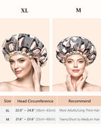 mikimini Large Shower Cap for Women Long Hair, Champagne Shower Caps with Lace, Double Layer Waterproof, Reusable, Washable, High-quality