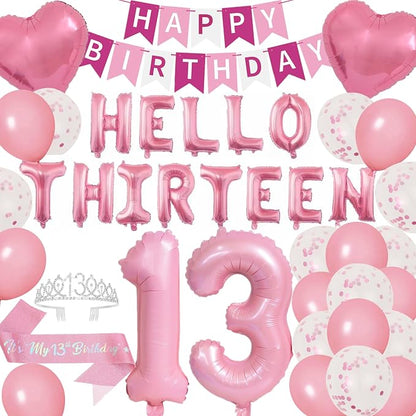 13th Birthday Party Decoration Girl Sash Crown Birthday Banner | Hello Thirteen by DUFACAI