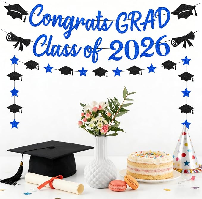 Blue Graduation Decorations 2026, Glitter Black and Blue Congrats Grad Banner - Image 2