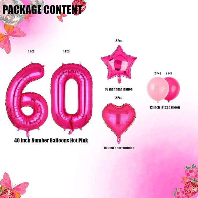 40 Inch Number Balloon Hot Pink 60 Set Pink Theme 60th Birthday Decor 10Pcs | - Image 2