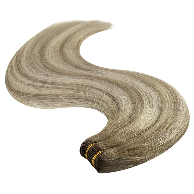 YoungSee 24Inch Hair Extensions Weft Light Brown Blonde Hand Tied Weft Hair Extensions Human Hair Balayage Light Brown Mix Platinum Blonde Sew in Extensions for Long Hair 100G
