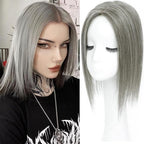 Hair Toppers for Women Real Human Hair, 360° 3D Human with Thinning Upgrade Middle Part Clip in Bangs Topper Hair Pieces for Women Daily (Gray, 14 Inch-3D-Side)