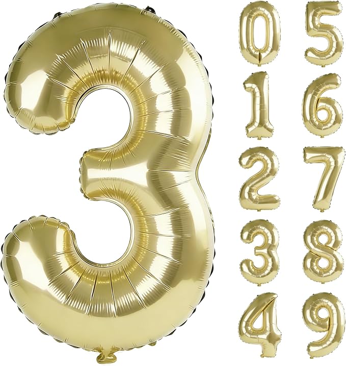 40 Inch Number 3 Balloons for 3rd Birthday Party Decorations, 0-100 Champagne by FOBELEC