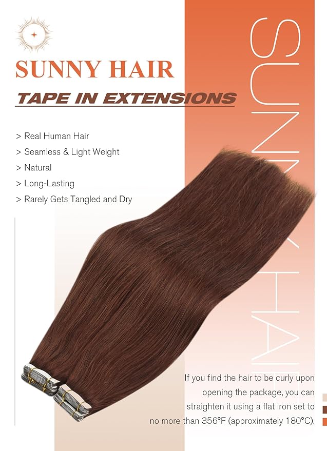 Sunny Hair Tape in Hair Extensions Human Hair, 18inch 40Pcs Auburn Brown Human Hair Tape in Extensions Remy Invisible Tape ins Human Hair Extensions Straight