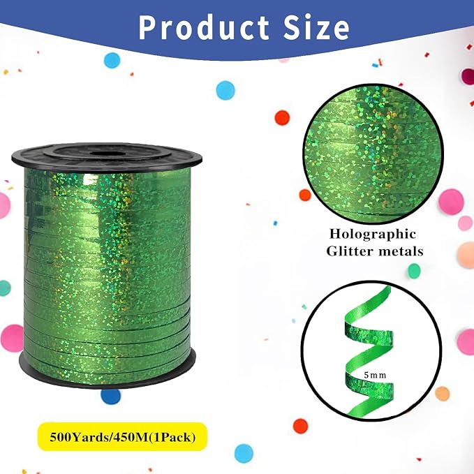 500 Yards Green PVC Glitter Curling Ribbon, 5mm Wide, 1524cm Long, Home Decor - Image 2