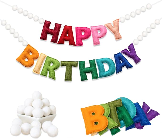 2Pcs Pre-Strung 3D Soft Wool Felt Happy Birthday Banner, Felt Ball Garland | by Unknown