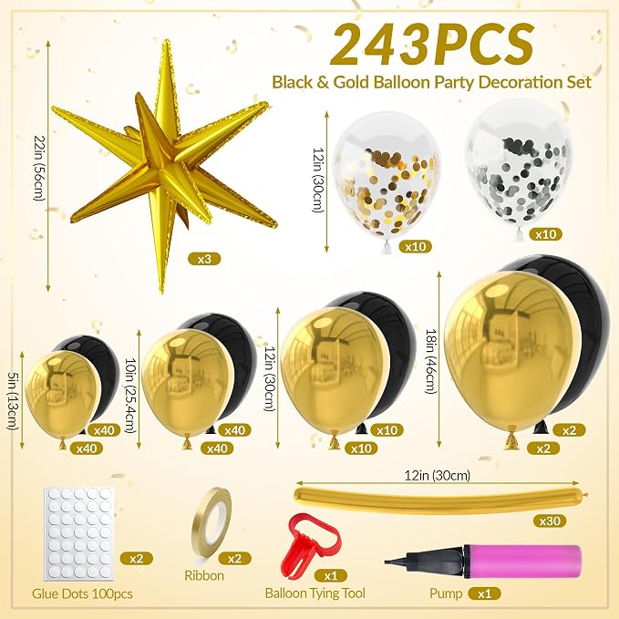 NiHome 237PCS Black and Gold Balloon Set, Includes Metallic, Confetti and - Image 2