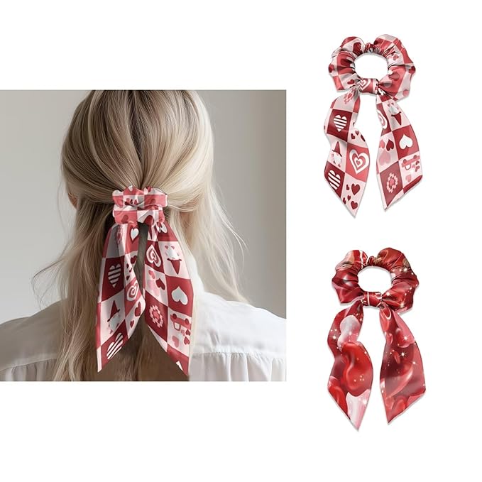 Gnomes Heart Toddler Bow Hair Ties No Damage Pack of 2 Checkered Scrunchies Hair Ties for Women Accessory Valentine's Theme Scarf Scrunchy